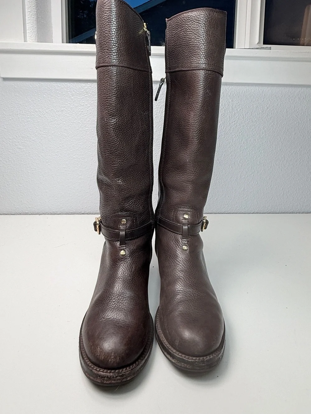 Tory Burch Boots Brown Pebbled Leather Riding Boots Tall Zip Logo women size 6.5